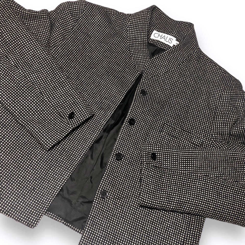 Vintage 90s Boxy Blazer Chaus Jacket, Size 8, Black/White Wool Blend